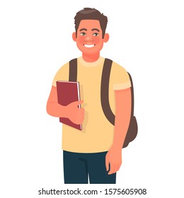 Smiling guy is a college student. A young male university undergraduate holds books in his hand. Vector illustration in cartoon style