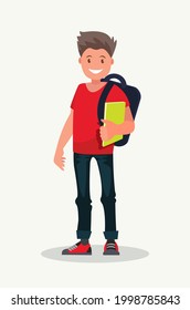 Smiling guy is a college student. A young male university undergraduate holds books in his hand. Vector illustration in cartoon style