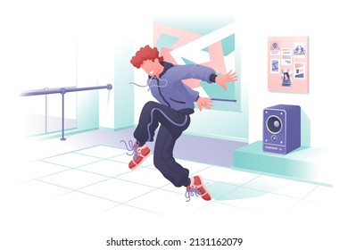 Bailarina sonriente bailando en el salón, ilustración vectorial de tiempo de fiesta. Bailarina de hip-hop en acción concepto de estilo plano. Idea de la escuela de danza