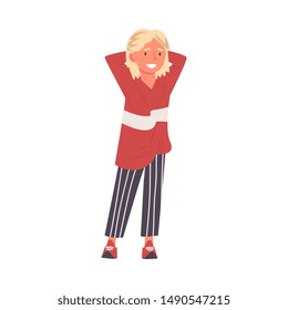 Smiling Guy in Fashion Clothes, Happy Student Standing with Hands Behind His Head Vector Illustration