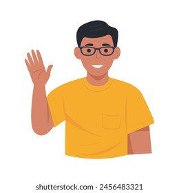 Smiling guy in glasses saying hello and waving with hand. Hi gesture. Joyful communication.Flat vector illustration isolated on white background