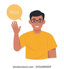 Smiling guy in glasses saying hello and waving with hand. Hi gesture. Joyful communication.Speech bubbles.Flat vector illustration isolated on white background