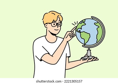 Smiling guy in glasses spin glove with finger. Smart boy child in spectacles show country on sphere. Education concept. Vector illustration. 