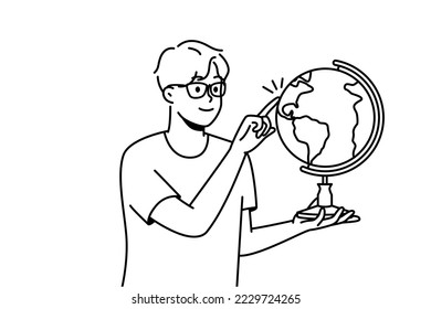 Smiling guy in glasses spin glove with finger. Smart boy child in spectacles show country on sphere. Education concept. Vector illustration. 