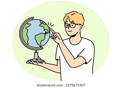 Un tipo sonriente en gafas gira el guante con el dedo. Niño inteligente en espectáculos muestra el país en la esfera. Concepto de educación. Ilustración vectorial.