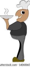 Hombre sonriente con una camisa gris y pantalones con un sombrero de chef blanco sosteniendo un tazón, vector, dibujo a color o ilustración. 