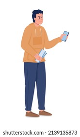 Smiling guy holding airline ticket and smartphone semi flat color vector character. Standing figure. Full body person on white. Simple cartoon style illustration for web graphic design and animation