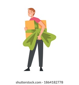 Smiling Guy Holding Big Gift Box, Happy Person with Holiday Symbol, Happy Birthday Concept Cartoon Style Vector Illustration