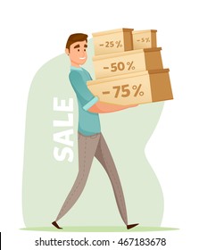 Un tipo sonriente sosteniendo cajas. grandes ventas, descuento. Ilustración vectorial. aislado.