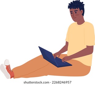 Smiling guy holding laptop on legs semi flat color vector character. Editable figure. Full body person on white. Simple cartoon style spot illustration for web graphic design and animation