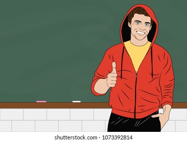 Smiling guy in hoodie on the background of a school board. He showing thumbs up.  Advertising poster. Vector illustration