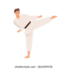 Smiling guy in kimono demonstrate hitting exercise raising leg practicing karate vector flat illustration. Male professional or amateur fighter enjoy martial art isolated on white. Man doing sports