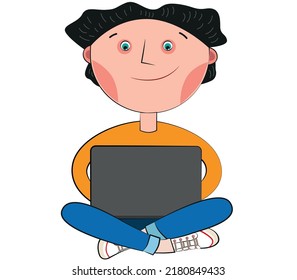 Smiling guy at the laptop. White background
