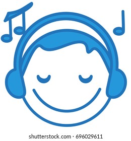 smiling guy listening to the music wearing headphones, funny cartoon character with simplistic facial expression, simple hand drawn circle shaped emoticon, eps 10 vector illustration