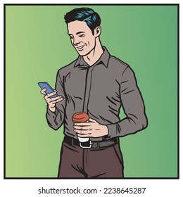 smiling guy looking at his cellphone, man standing and holding mobile phone, vector image