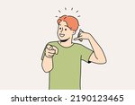 Smiling guy making hand gesture asking to call back. Happy man demonstrate callback sign. Nonverbal communication. Vector illustration. 