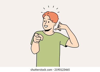 Smiling guy making hand gesture asking to call back. Happy man demonstrate callback sign. Nonverbal communication. Vector illustration. 