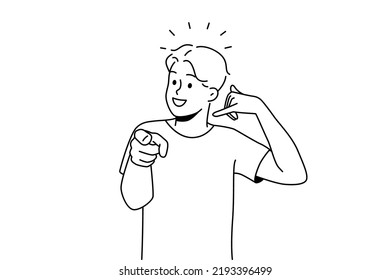 Smiling guy making hand gesture asking to call back. Happy man demonstrate callback sign. Nonverbal communication. Vector illustration. 