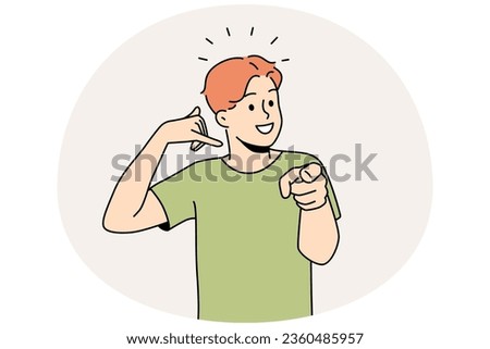 Smiling guy making hand gesture asking to call back. Happy man demonstrate callback sign. Nonverbal communication. Vector illustration.