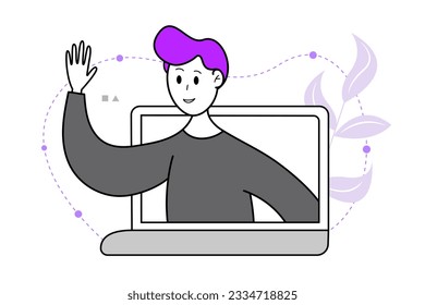 Un tipo sonriente aspira desde una laptop. Ilustración vectorial para volver a la escuela, cursos en línea, capacitación, seminarios, comunicación en línea, mantenimiento de servicios, negocios.