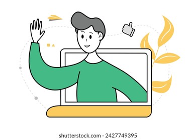 Smiling guy peeks out from a laptop. Online support, customer service, call center, online communication. Vector illustration.