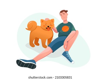 Un tipo sonriente que pega un perro. Ilustración vectorial simple. Dueños de perros, concepto de amantes de mascotas. 