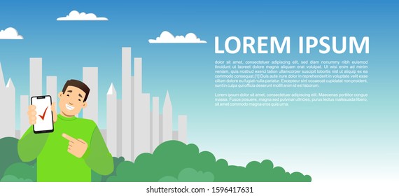 smiling guy with a phone on the background of the city, skyscrapers; shows the screen of the phone, points to it with a finger; red check mark on the screen; copy space horizontal, flat