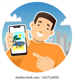 Smiling guy with a phone. Shows the phone screen, points to it with a finger. Sea, palm tree, sand on the screen. Holidays at sea. Soon on vacation. Round icon.
