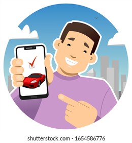 Un tipo sonriente con un teléfono. Muestra la pantalla del teléfono, apunta con un dedo. Compró un camión o lo vendió. camión deportivo rojo en la pantalla del teléfono. Icono de redondeo.