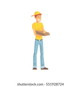 Smiling Guy With Pizza Box, Delivery Company Employee Delivering Shipments Illustration