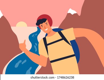 Smiling guy posing at natural landscape vector flat illustration. Popular travel blogger standing on mountain over river. Happy male traveler hiking on rock shooting video or taking selfie