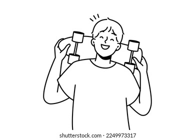 Hombre sonriente posando con patineta al aire libre. Joven feliz con pasatiempos de patinaje y entretenimiento. Ilustración vectorial. 