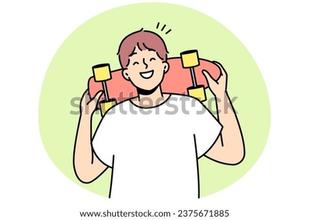 Smiling guy posing with skateboard outdoors. Happy young man with skating board show hobby and entertainment. Vector illustration.