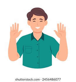 Smiling guy  saying hello or bye and waving with hands. Hi gesture. Joyful communication.Flat vector illustration isolated on white background