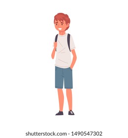 Smiling Guy in Shorts and White T-shirt Standing with Backpack, Happy Student in Casual Clothes Vector Illustration