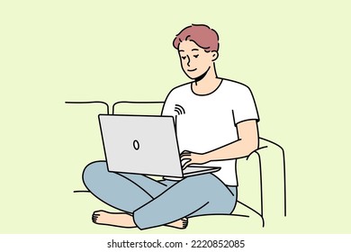 Smiling guy sit on couch working on laptop using wireless network. Happy young man relax on sofa browse internet on computer. Vector illustration. 