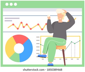 Smiling guy sits with cards in his hands. Work with financial statistics and anatytics. Man thinking about the next move. Office work management. Data analysis concept. Pie chart in the background