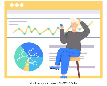 Smiling guy sits with cards in his hands. Working with statistics of chemical research and experiments. The man is happy and thinks over the next move. Laboratory work management. Data analysis