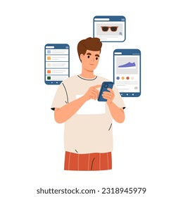 Smiling guy with smartphone. Man using mobile apps for online shopping. Person makes purchases through internet with mobile phone. Flat illustration isolated on white background.