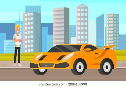 Smiling guy in sportswear next to his personal transport. Blond male character, athlete, sportsman driving vehicle. Cool rich man near expensive sports car. Yellow racing car vector illustration