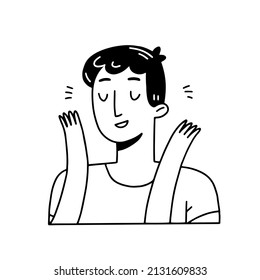 Un tipo sonriente esparciendo sus manos en un estilo garabato. Ilustración aislada del vector.