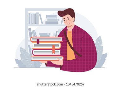 Smiling guy with stack of books in his hands near bookshelf. Young people in library concept. Cartoon vector illustration in flat style on white background