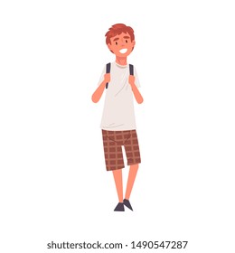 Smiling Guy Standing with Backpack, Happy Student in Casual Clothes Vector Illustration