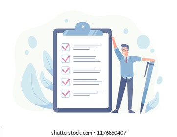 Smiling guy standing beside giant check list and holding pen. Concept of successful goal achievement, productive daily planning and task management. Colorful vector illustration in flat cartoon style.