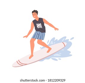 Smiling guy standing on surfboard ride at wave vector flat illustration. Happy relaxed male enjoying active lifestyle and seasonal extreme sport isolated on white. Man surfer at sea or ocean water