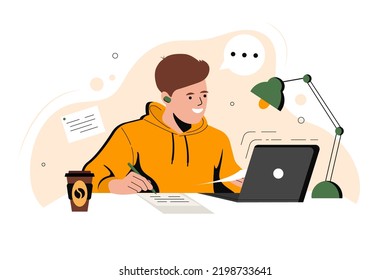 Lächelnder Typ lernt zu Hause mit einem Laptop. Konzept des Online-Lernens zu Hause. Kann für Educational Website-Landing-Seite, Studenten-Zeichen verwendet werden. Flache Vektorgrafik.