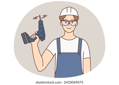 Smiling guy in uniform and helmet standing with drill in hands. Happy male mechanic or repairman with equipment. Occupation. Vector illustration.