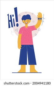 Smiling guy waving his hand. The young guy greets. Happy character greets a friend. Cartoon vector illustration in flat style.