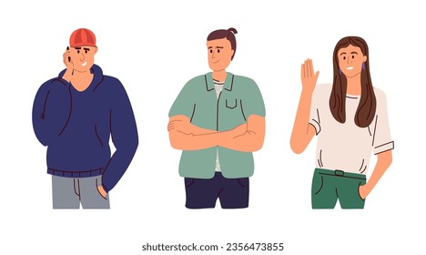 Smiling guys and a girl. Young people. The guy is talking on the phone. The girl is waving. The guy is standing and looking at something, waiting
