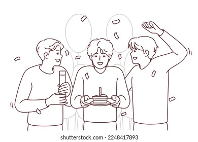 Smiling guys greeting friend with cake and balloons. Happy people celebrate birthday together. Party and celebration. Vector illustration.